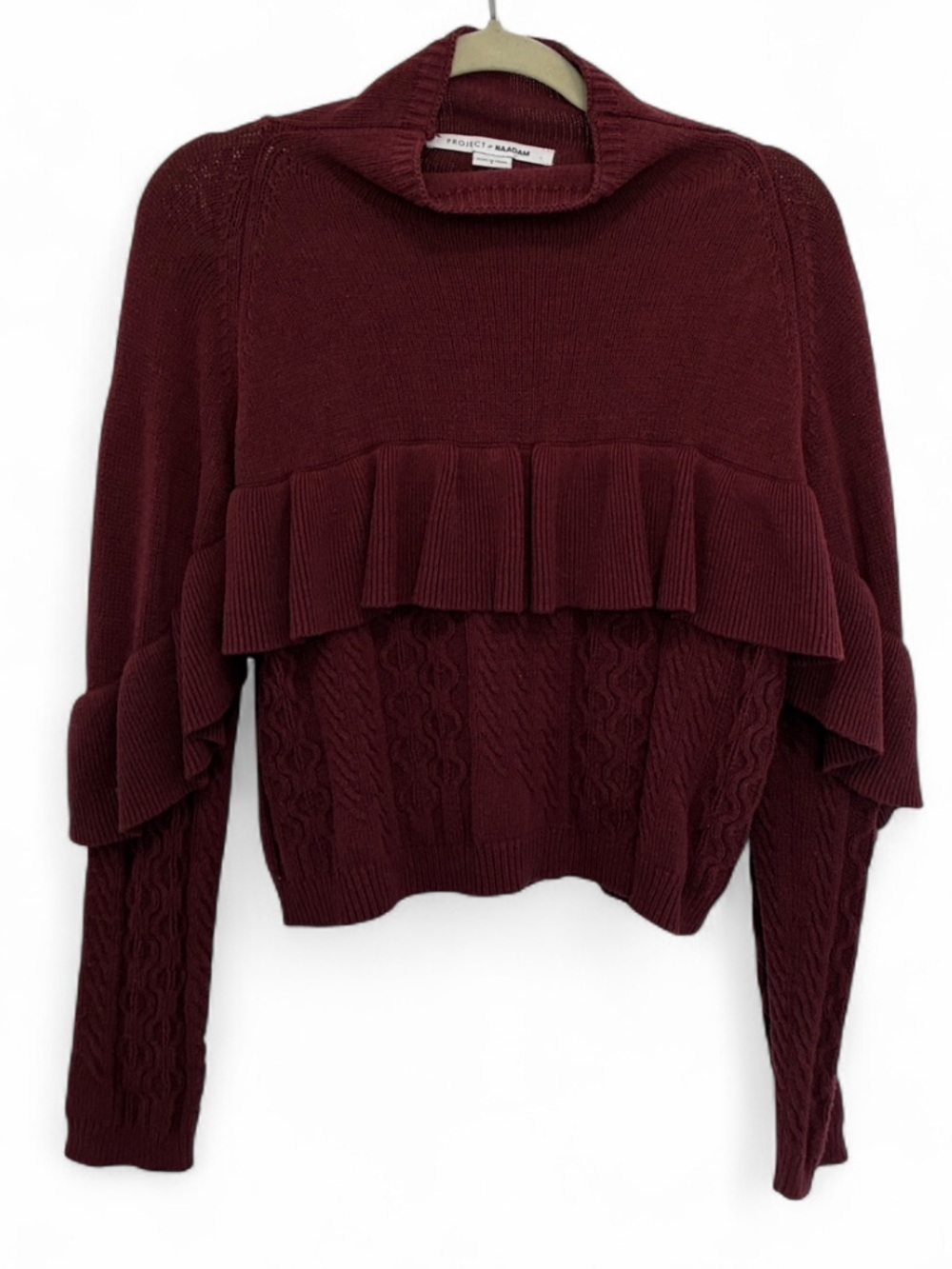 Project NAADAM Burgundy Ruffle Cable Knit Layered Turtleneck Sweater